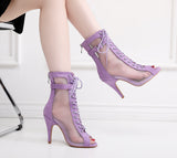 purple lace up lace heels