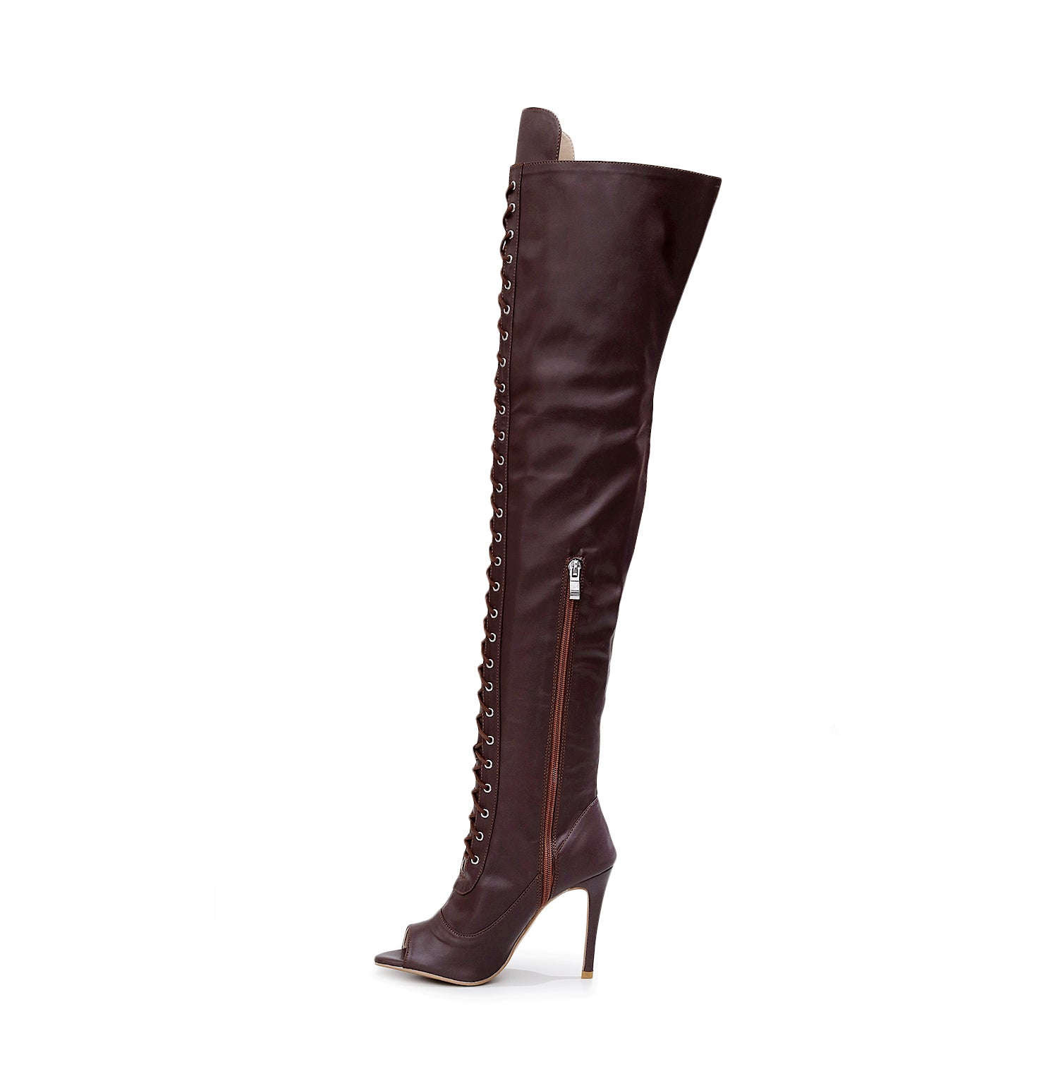 Brown thigh-high boots with convenient side zipper, perfect for various occasions.