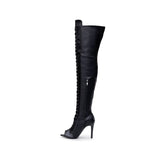 These black high-heel thigh-high boots feature a zipper design, providing maximum ankle support and a stylish look.